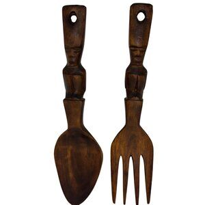 VTG Hand-Carved Wooden Spoon Fork Set Tribal Face 14" Rustic Wall Hanging Decor